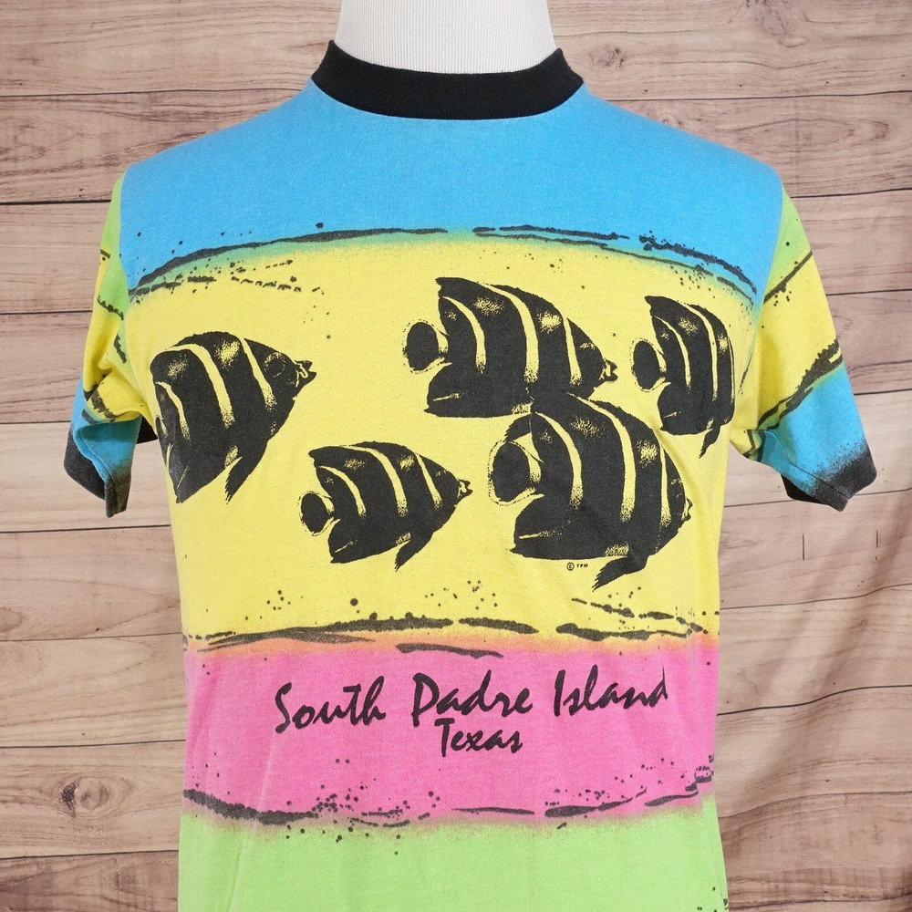 VINTAGE SOUTH PADRE ISLAND TEXAS FISH AOP ALL OVER PRINT SINGLE STITCH TSHIRT L